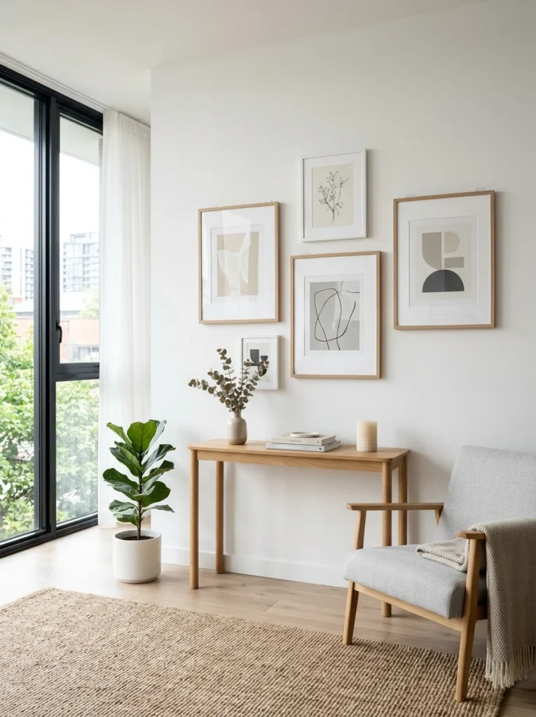 Lightweight framed artwork hung using removable adhesive hooks in a rental apartment.
