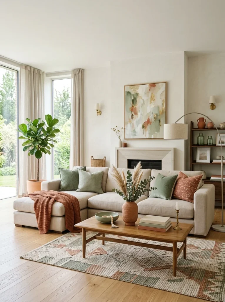 Modern living room highlighting dominant wall colors and accent décor for balanced interior design.