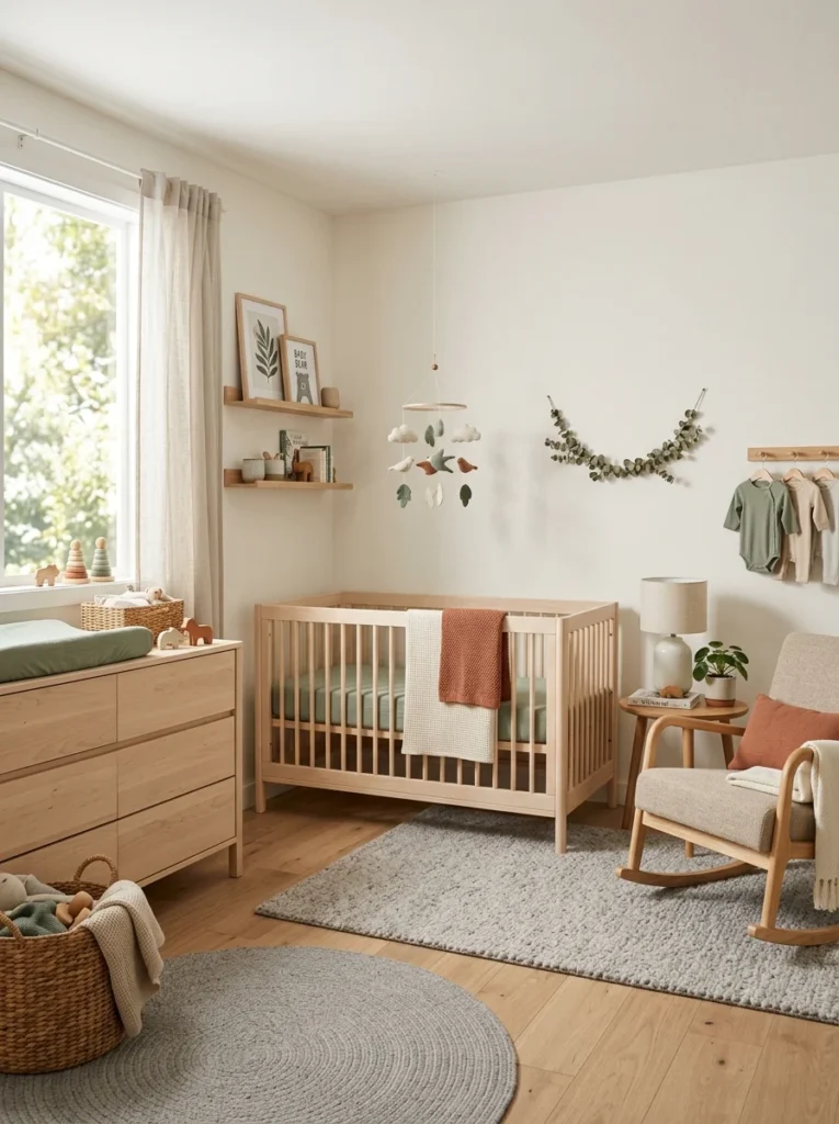 Gender-neutral nursery featuring warm white walls, sage green accents, muted terracotta decor, and calming earthy tones.