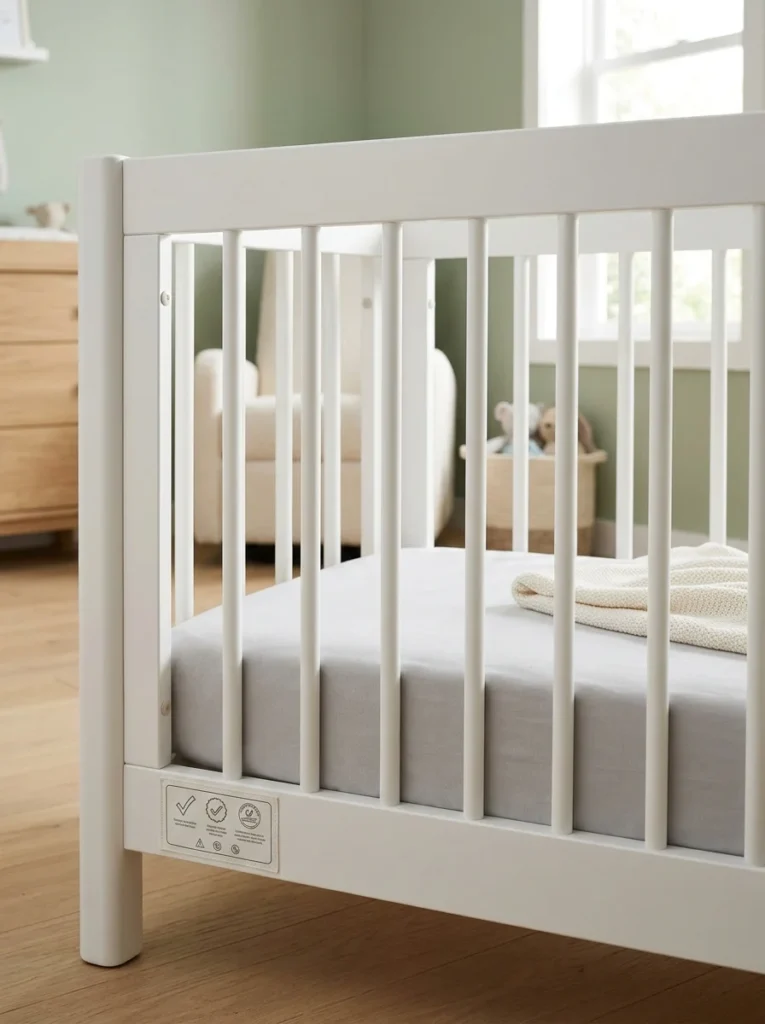 Modern crib designed to meet current baby safety standards.