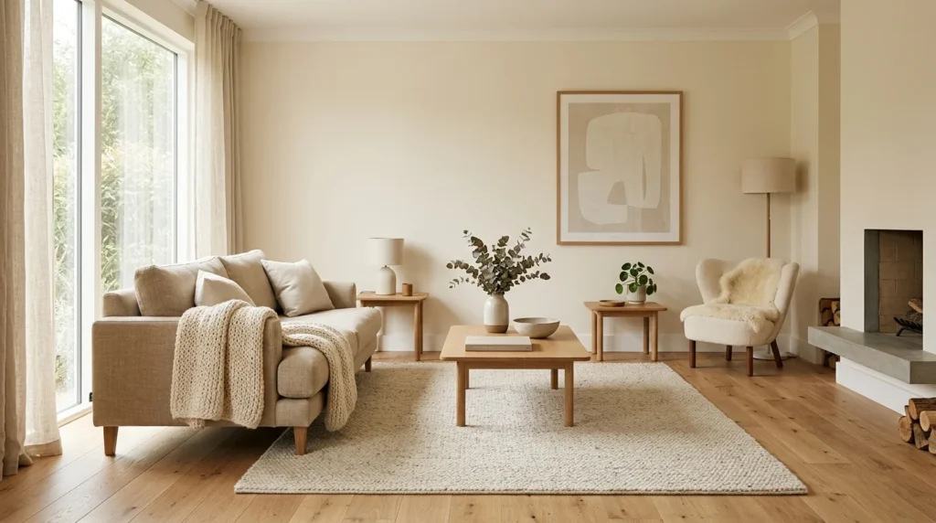 Warm white walls creating a cozy minimalist living room.