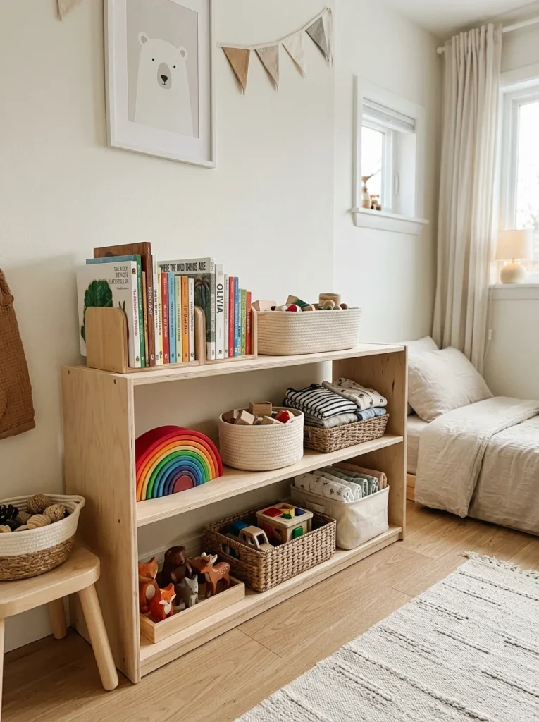 Accessible low shelves with books, toys, and clothes for independent toddlers.