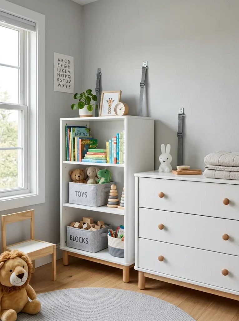 Child's dresser and bookshelf secured to the wall with anti-tip straps.