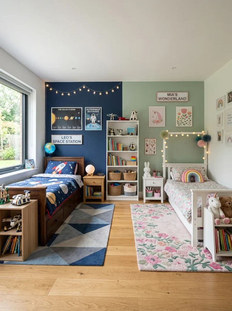 Shared bedroom with separate personal zones for siblings of different ages.
