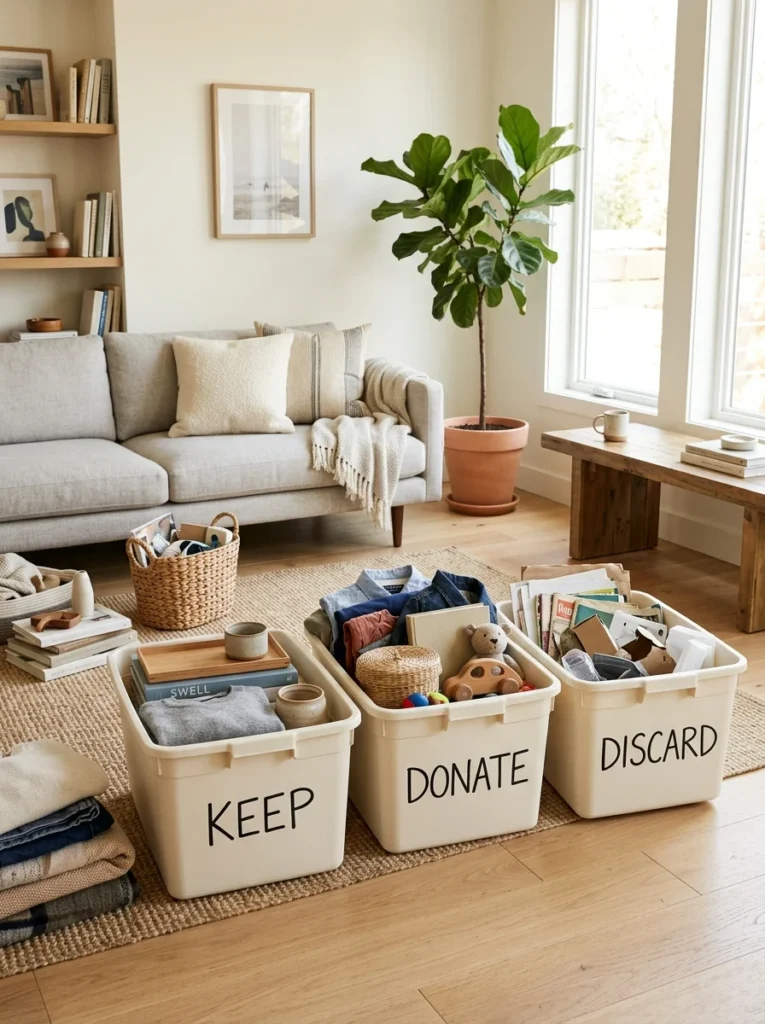 Keep, donate, and discard bins used for organizing household clutter.