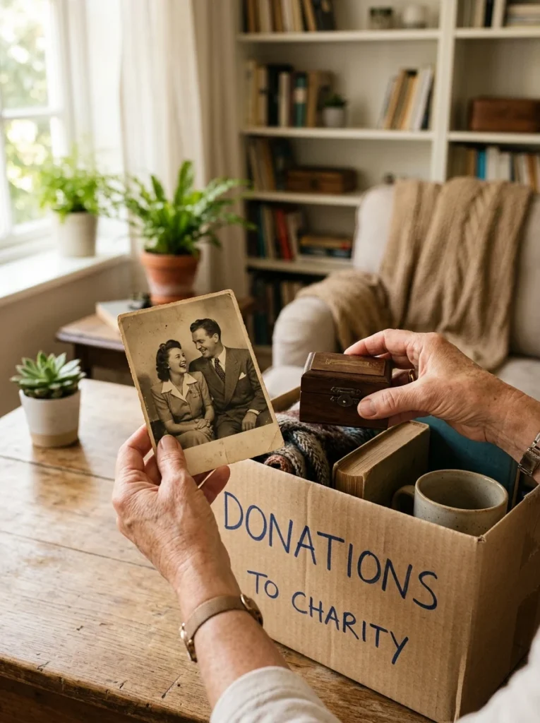 Hands preserving a family memory while letting go of an old sentimental item.