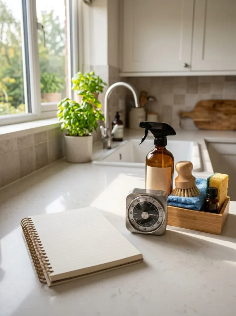 Weekly planner showing a realistic daily cleaning schedule.
