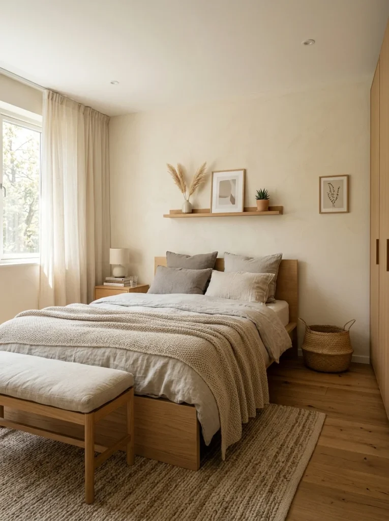 Minimalist bedroom with warm cream walls, greige bedding, oak furniture, and soft neutral color palette.