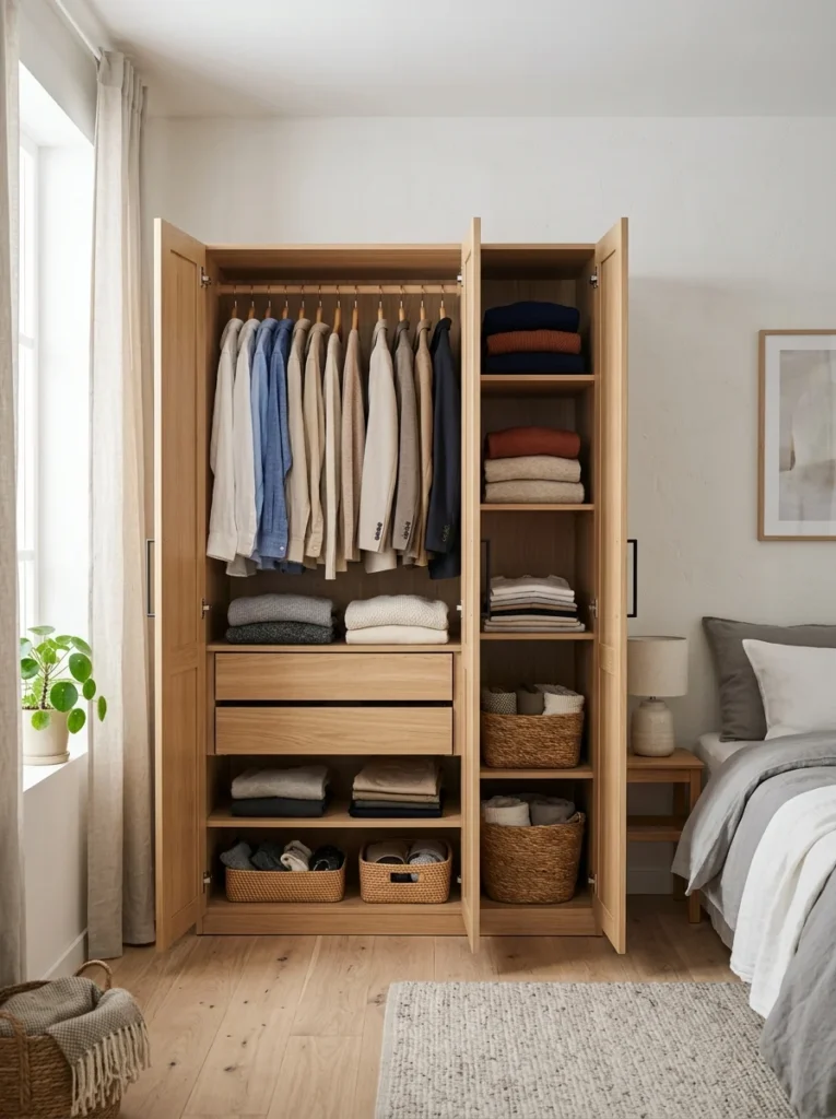 Modern freestanding wardrobe providing hanging storage and shelving in a bedroom without a built-in closet.