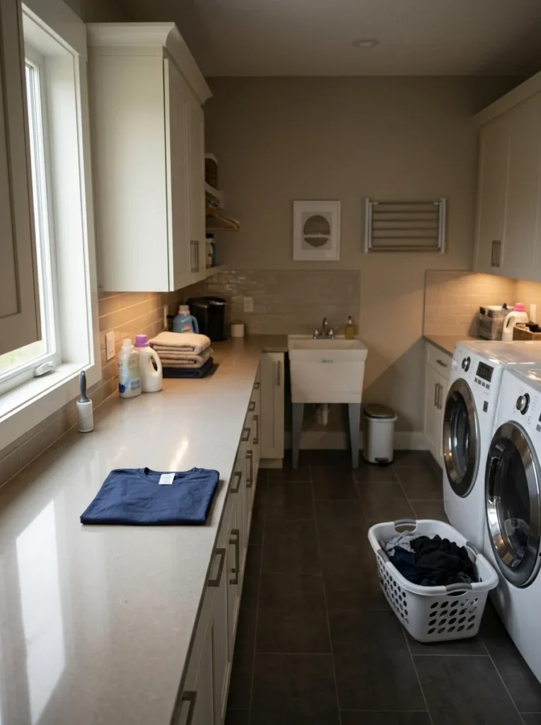 Homeowner checking clothing labels and stains under existing laundry room lighting to evaluate brightness.