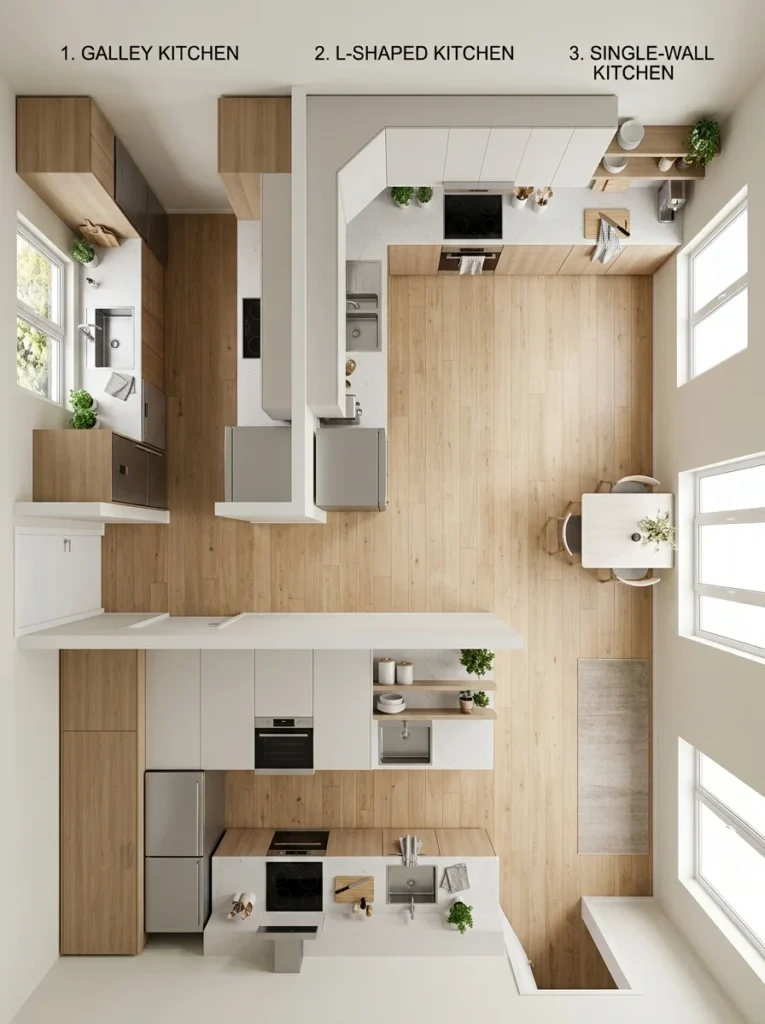 Comparison of galley, L-shaped, and single-wall kitchen layouts for maximizing small spaces.