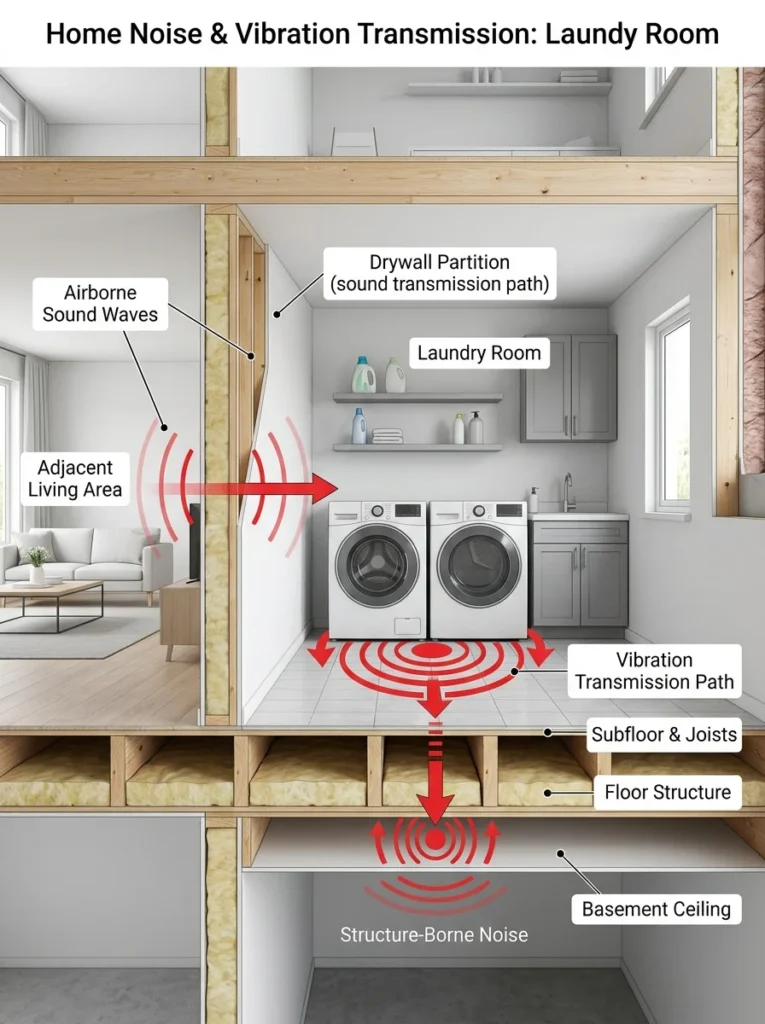 Diagram showing vibration through floors and airborne sound through walls from a washing machine.