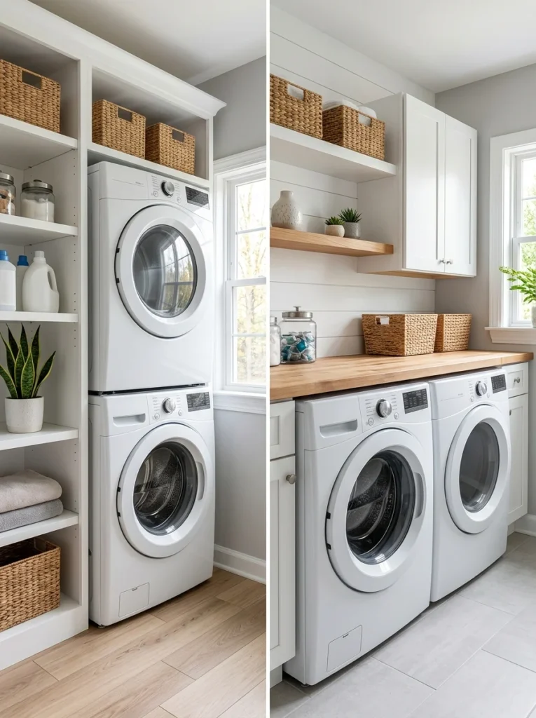 Side-by-side comparison of stackable and side-by-side washer and dryer layouts.