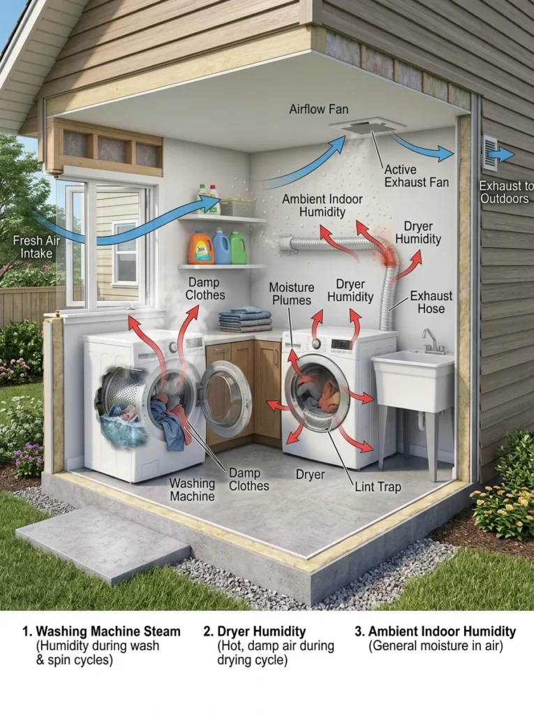 Illustration showing where moisture originates inside a residential laundry room.