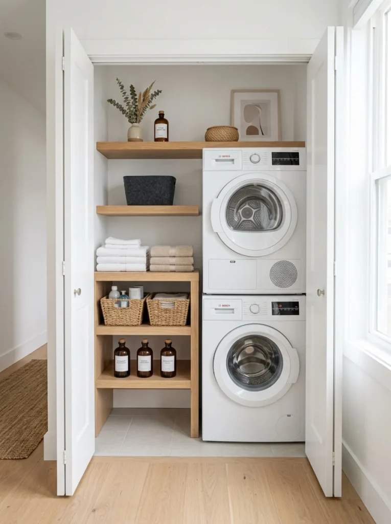 Floating shelves above washer and dryer maximizing storage in a small laundry closet.