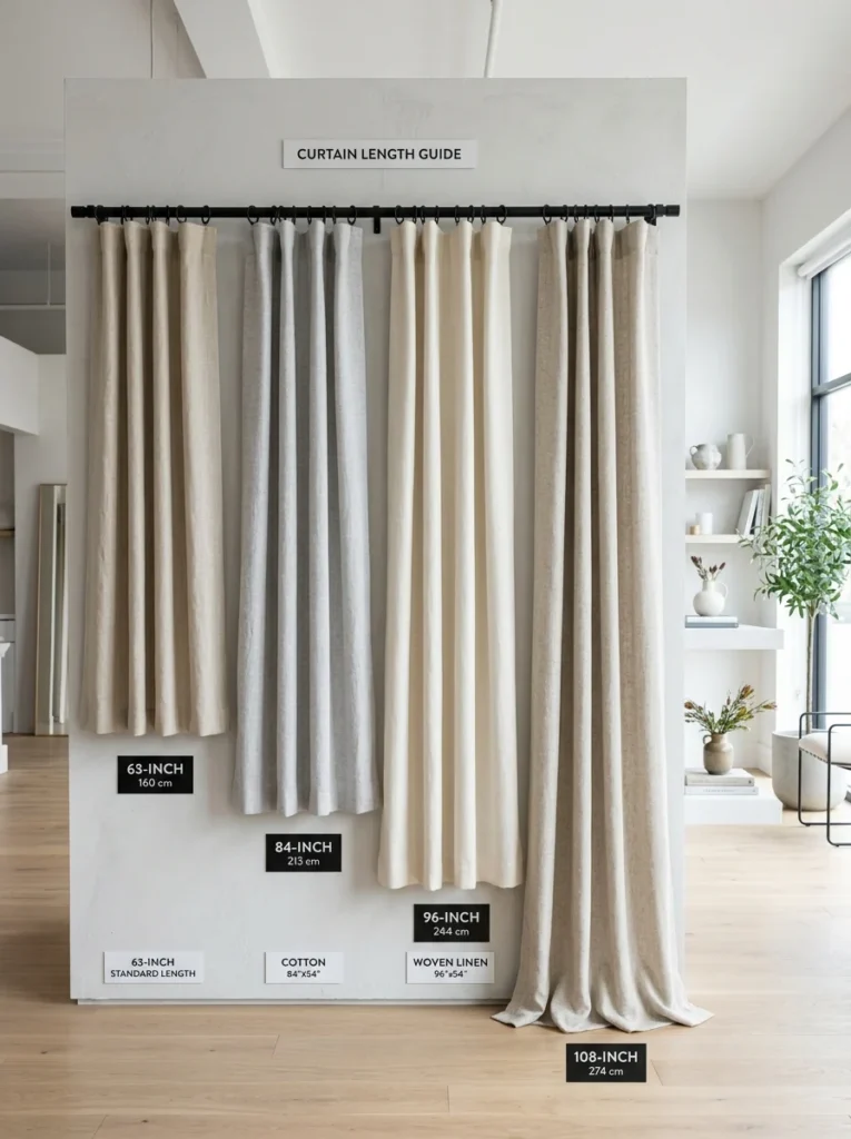 Display showing common ready-made curtain lengths for different rooms.