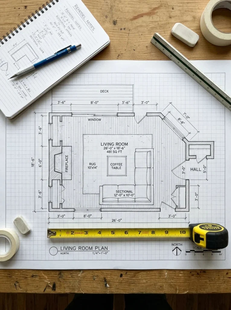 Floor plan showing doorways, windows, fireplace, and measurements before arranging a sectional sofa.