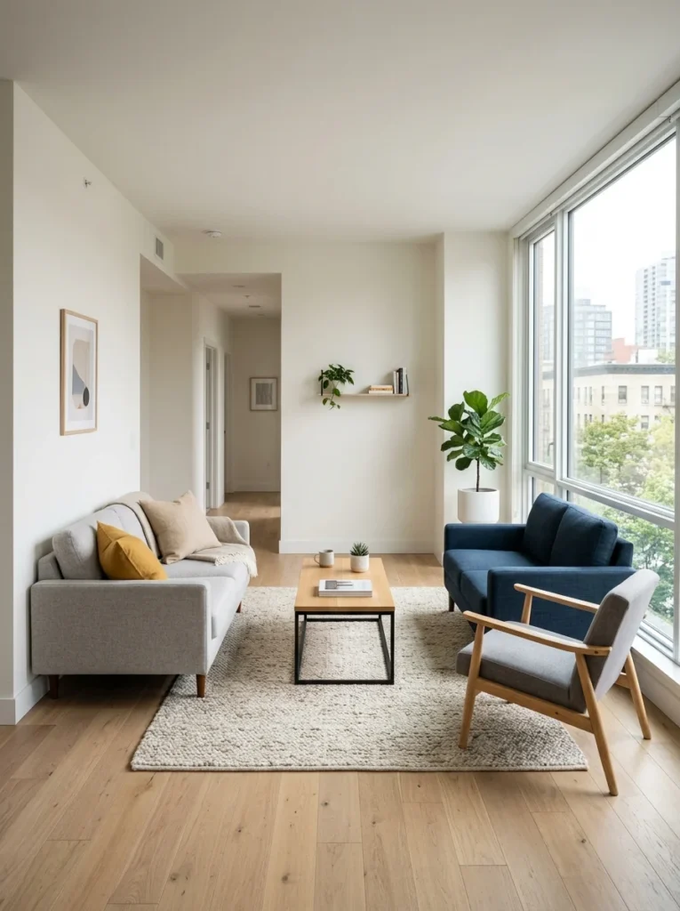 Small rental living room with compact furniture that maximizes floor space.