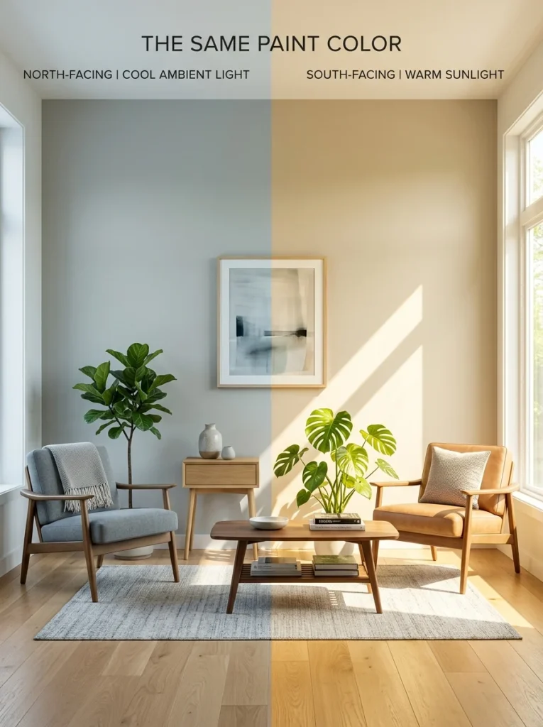 Living room showing the difference between cool north-facing light and warm south-facing light on painted walls.