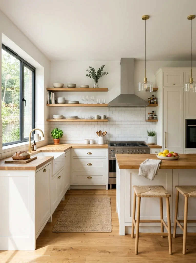 Neutral natural materials and paint colors used to create timeless kitchen color schemes.