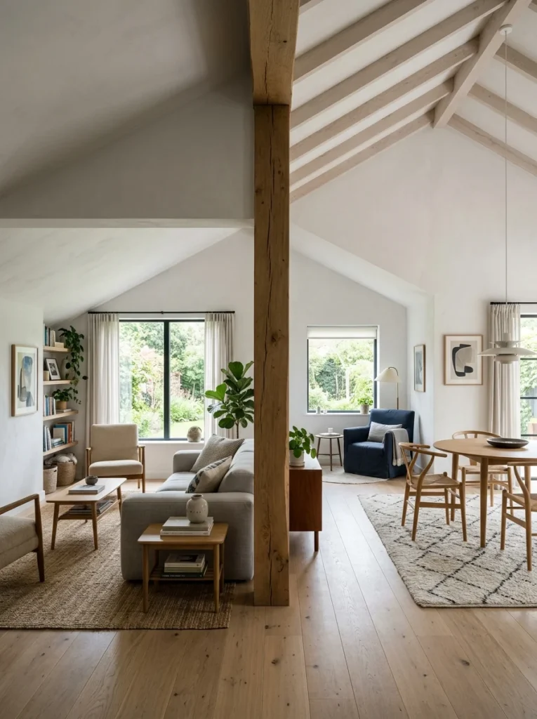 Living room divided into natural seating zones using architectural features and furniture placement.