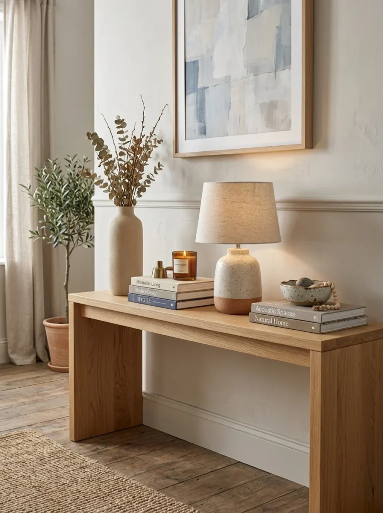 Console table decorated using different object heights.