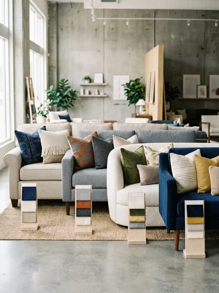 Throw pillows coordinated with different sofa colors and undertones.