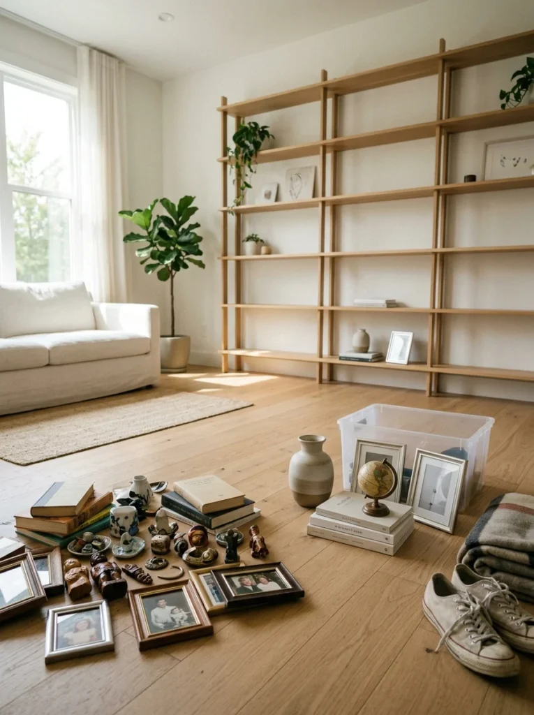 Person selecting meaningful decorative items before styling open living room shelves.