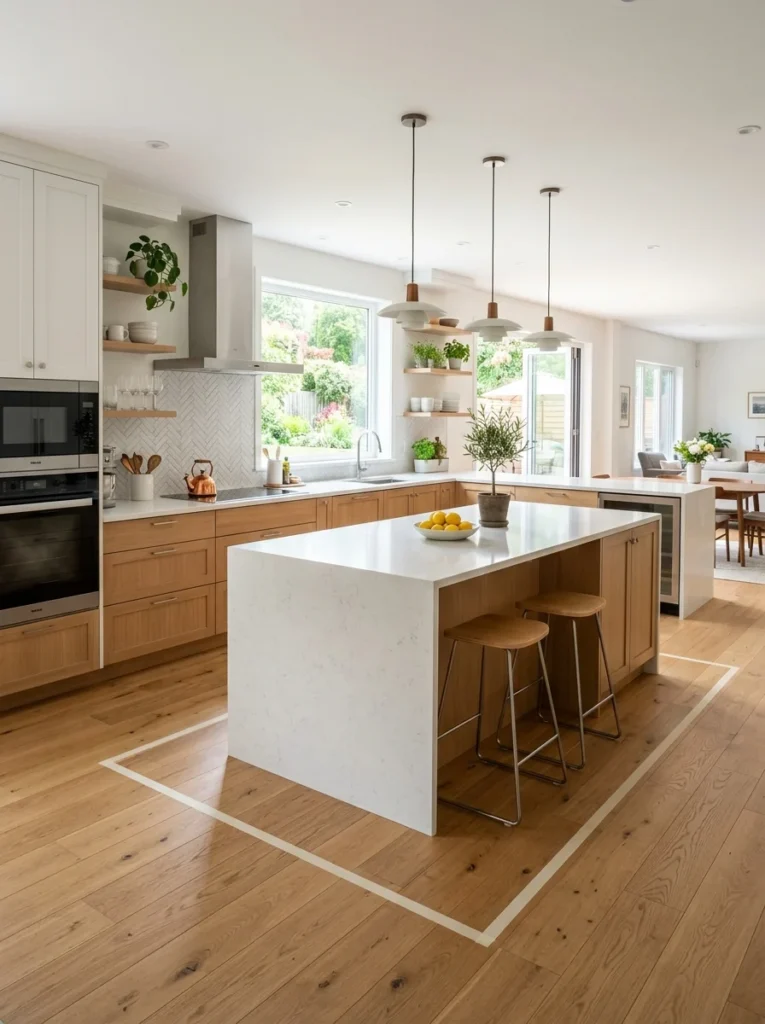 Kitchen layout showing proper clearance around a functional island.