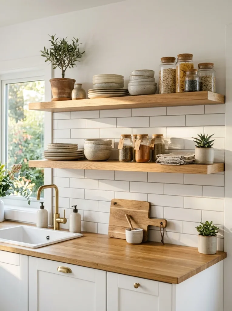 Modern kitchen with wooden floating shelves displaying organized dishes and decorative accessories.