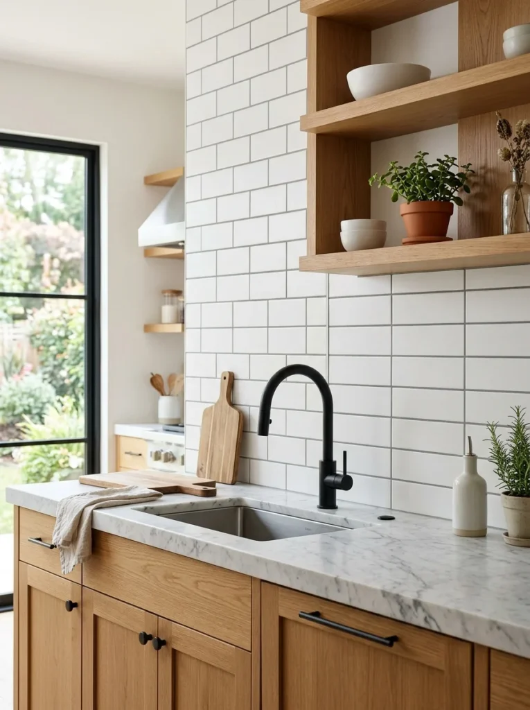White subway tile backsplash with contrasting grout in a contemporary kitchen.