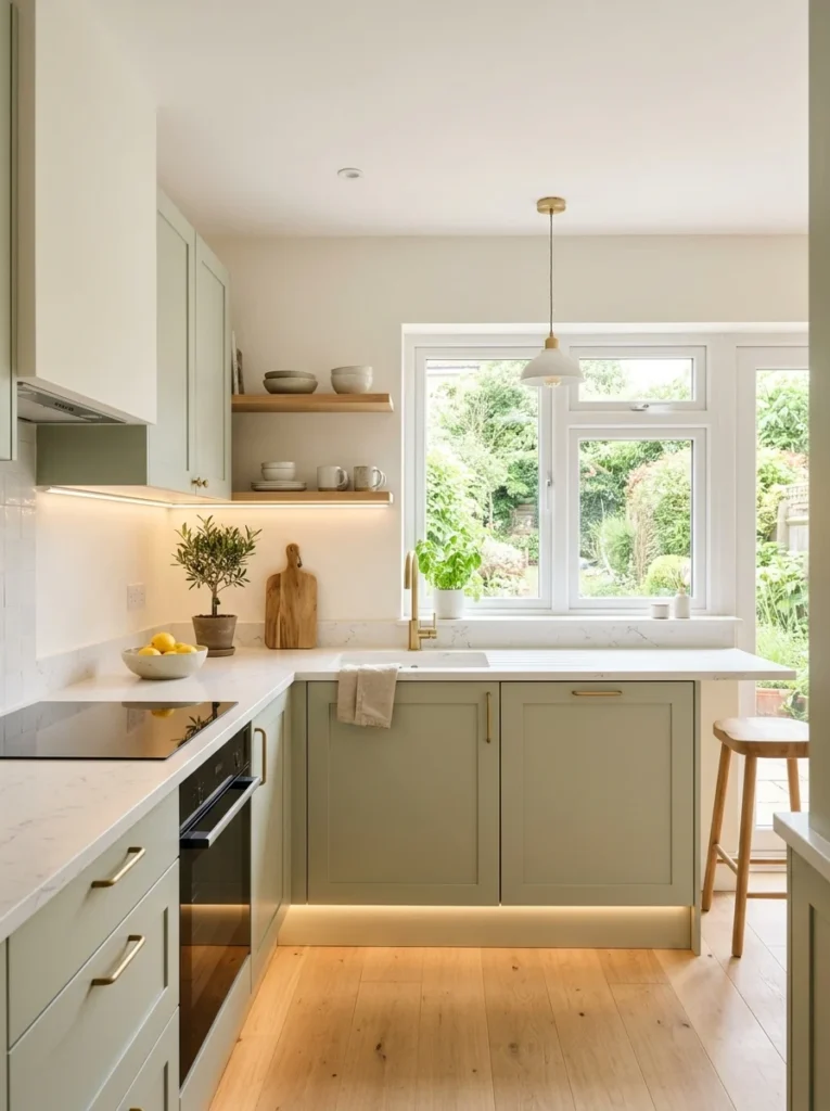 Light-colored small kitchen with under-cabinet lighting creating a larger and brighter appearance.