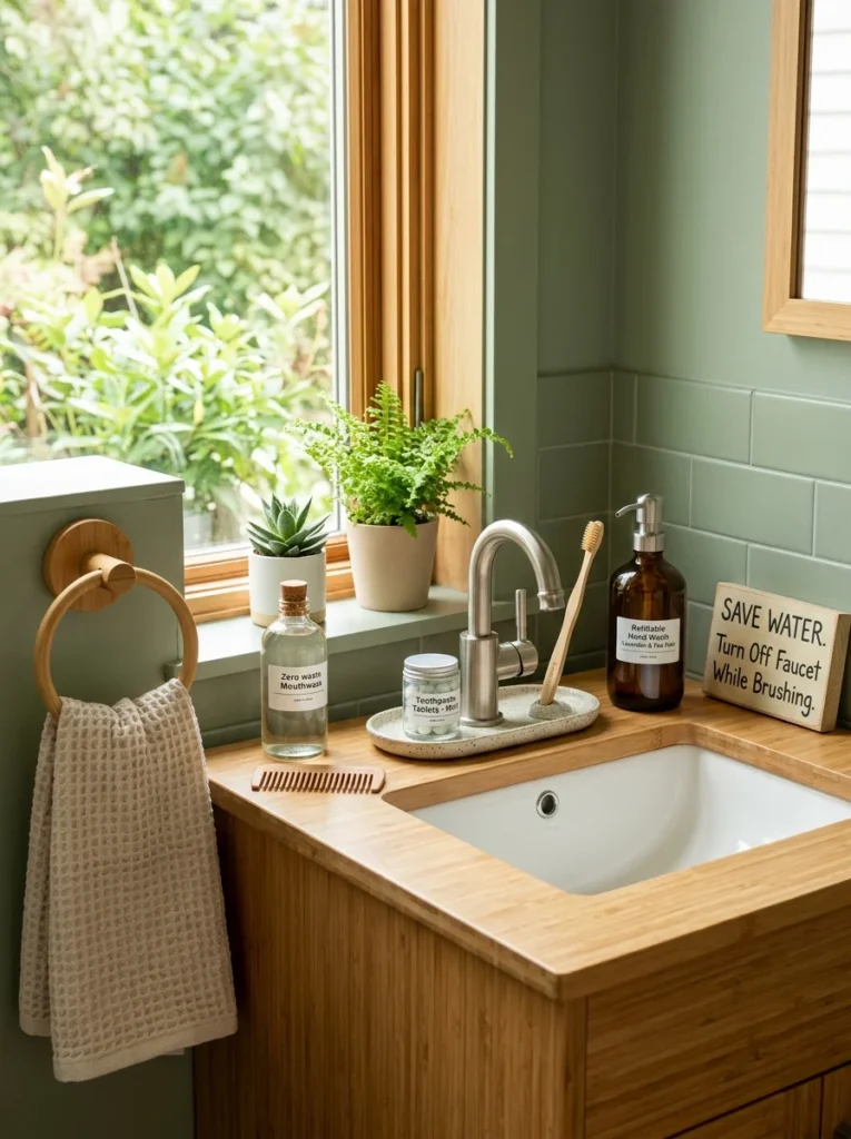 Bathroom setup promoting water-saving and sustainable everyday habits.