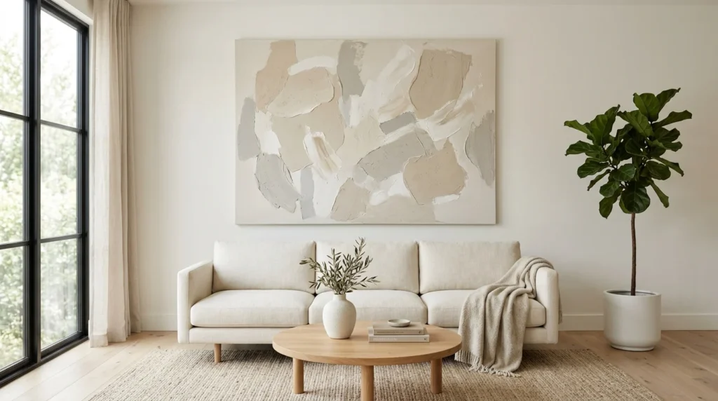 Large abstract artwork creating a focal point in a minimalist living room.