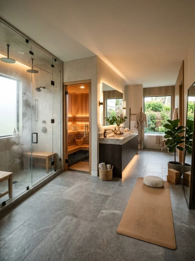 Luxury bathroom featuring steam shower, sauna, heated floors, and spa-inspired amenities.