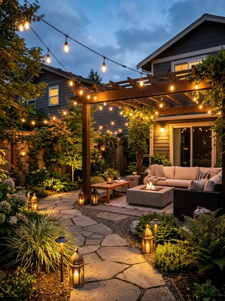 String lights and lanterns illuminating a cozy backyard patio.