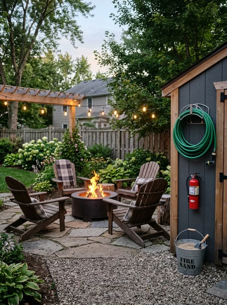 Fire extinguisher and hose beside outdoor fire pit