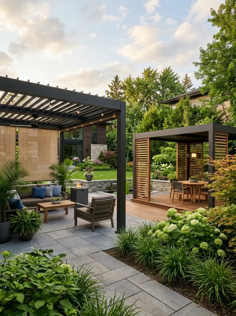 Modern pergola with retractable canopy beside a contemporary gazebo.