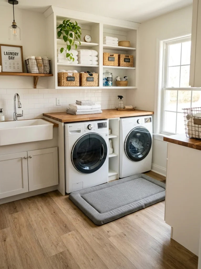 Anti-fatigue mat placed over durable laundry room flooring.