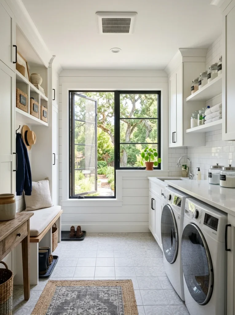 Bright laundry room with window and ventilation for moisture control.