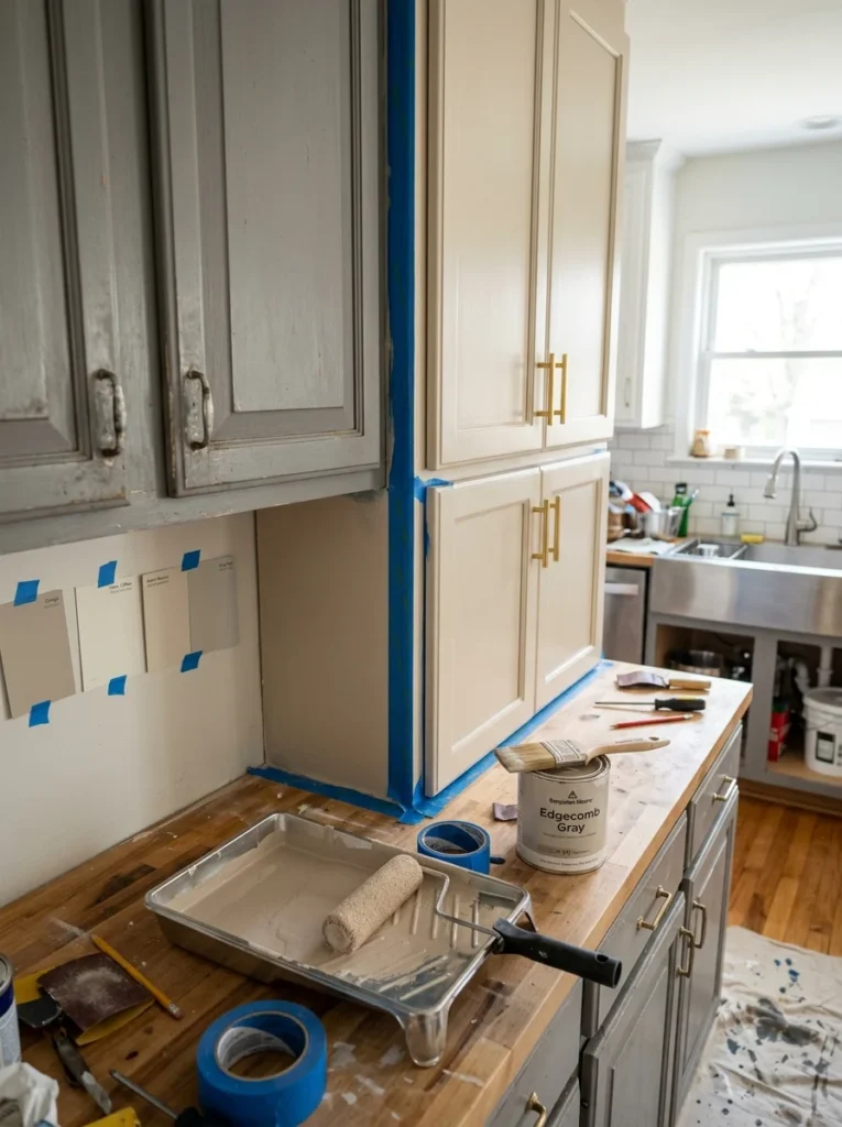 Kitchen renovation showing cabinet repainting and color selection process.