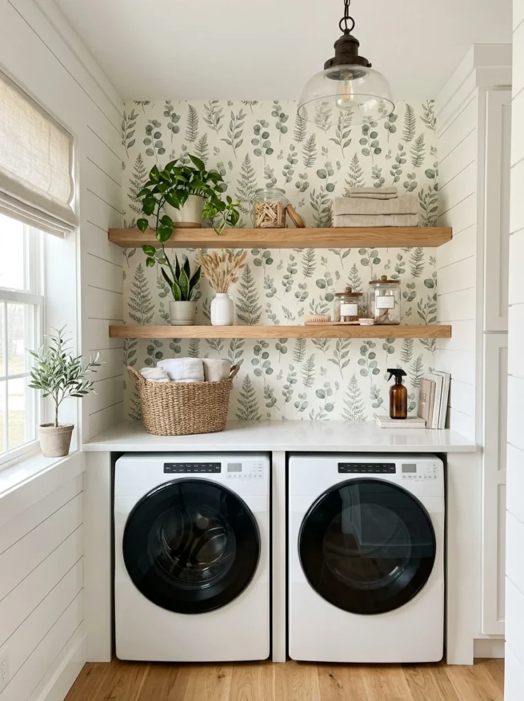 Decorative removable wallpaper accent wall in a laundry room.