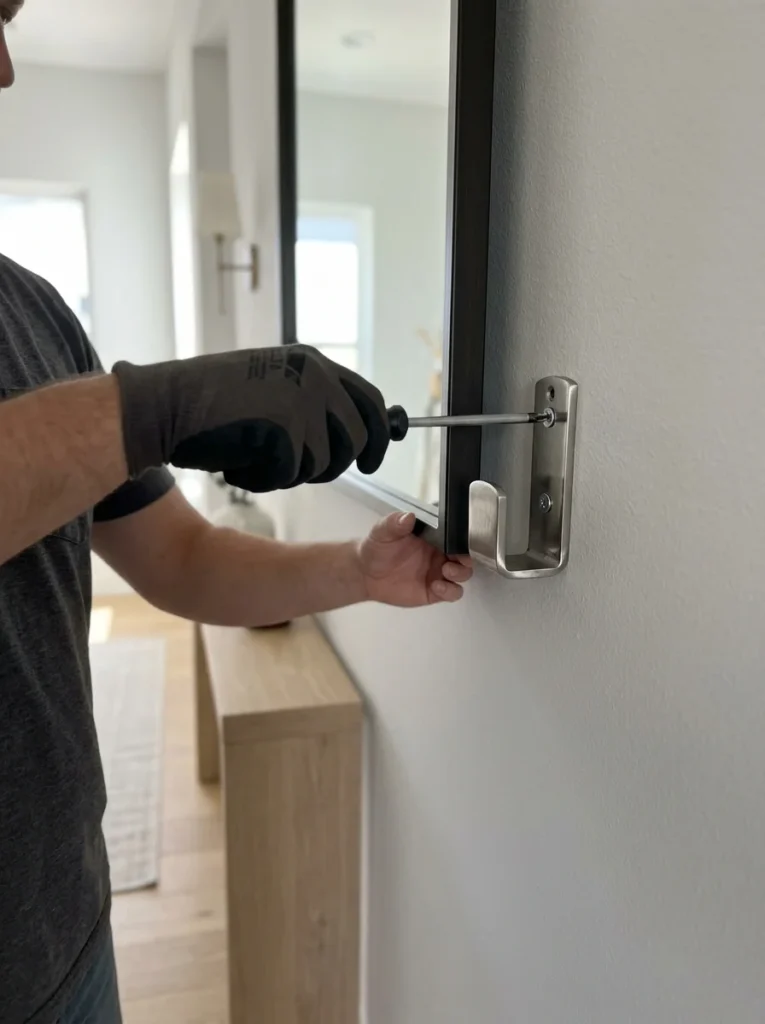 Homeowner checking mirror brackets and screws during regular maintenance.