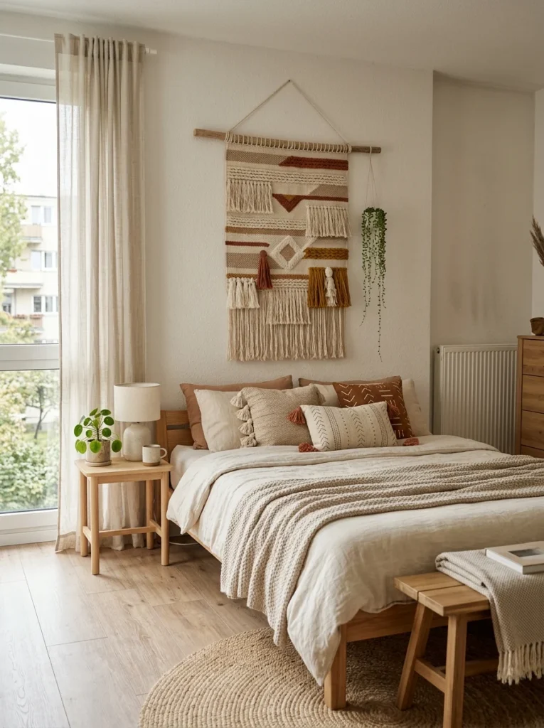 Decorative textile wall hanging used as renter-friendly wall art.