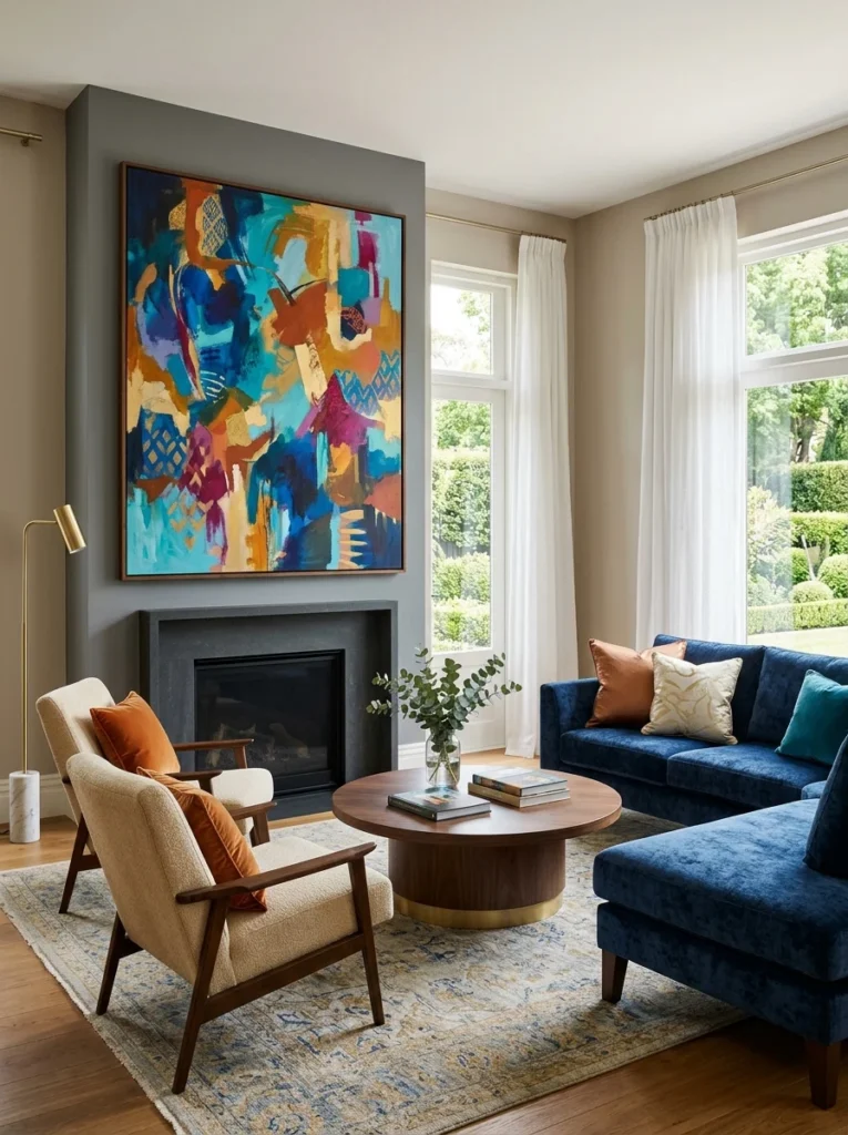 Luxury living room designed around one colorful statement artwork with coordinated furniture and décor.