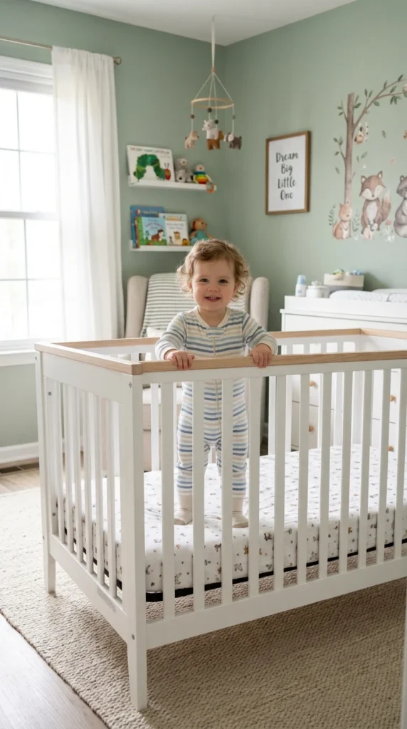 Toddler safely standing inside an adjusted baby crib.