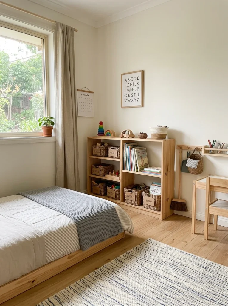Organized Montessori bedroom encouraging toddlers to care for their own space.