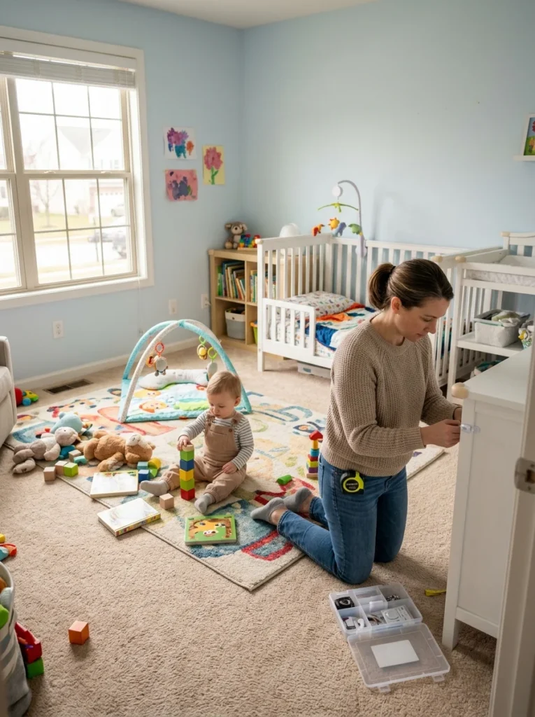 Parent checking bedroom safety as toddler becomes more mobile.
