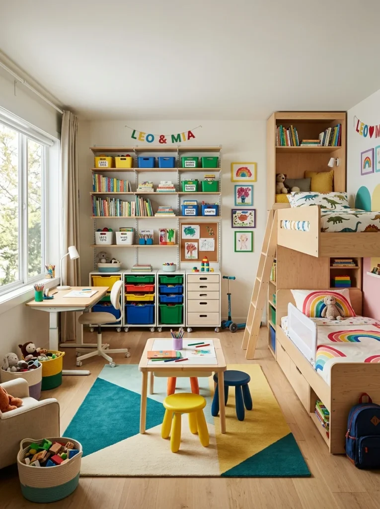Adaptable shared kids' bedroom with modular furniture and storage.