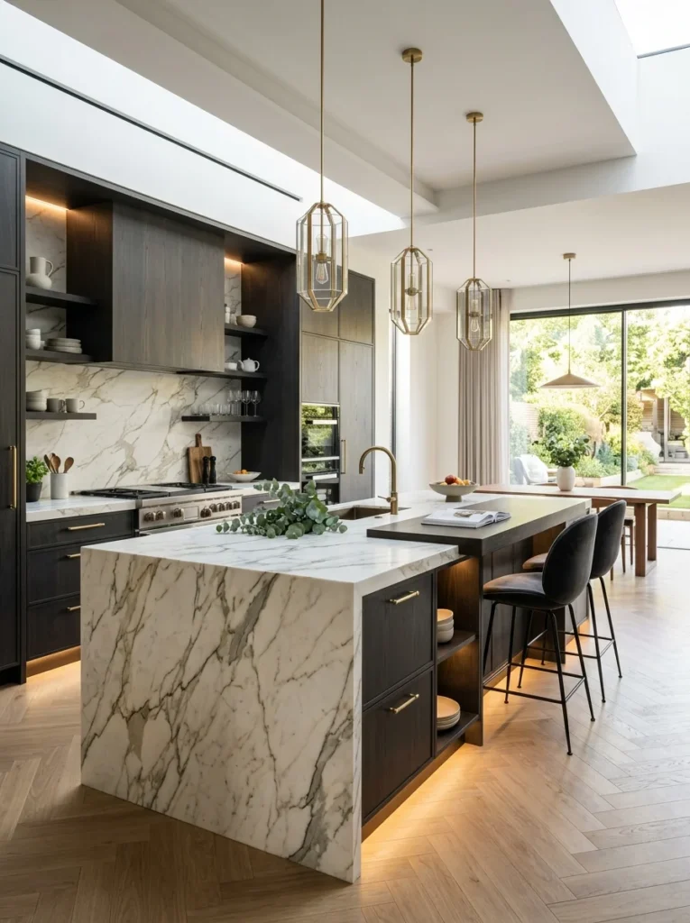 Bespoke luxury kitchen island with premium cabinetry and stone countertop.